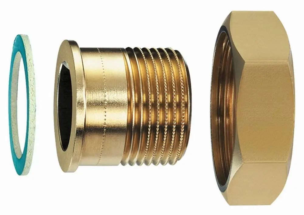 Verschraubung mit Schraubnippel, bestehend aus einem verzierten Gewindeelement, einer Dichtung und einer sechseckigen Mutter. Gezeigt wird ein Produkt von IMI Hydronic Engineering.